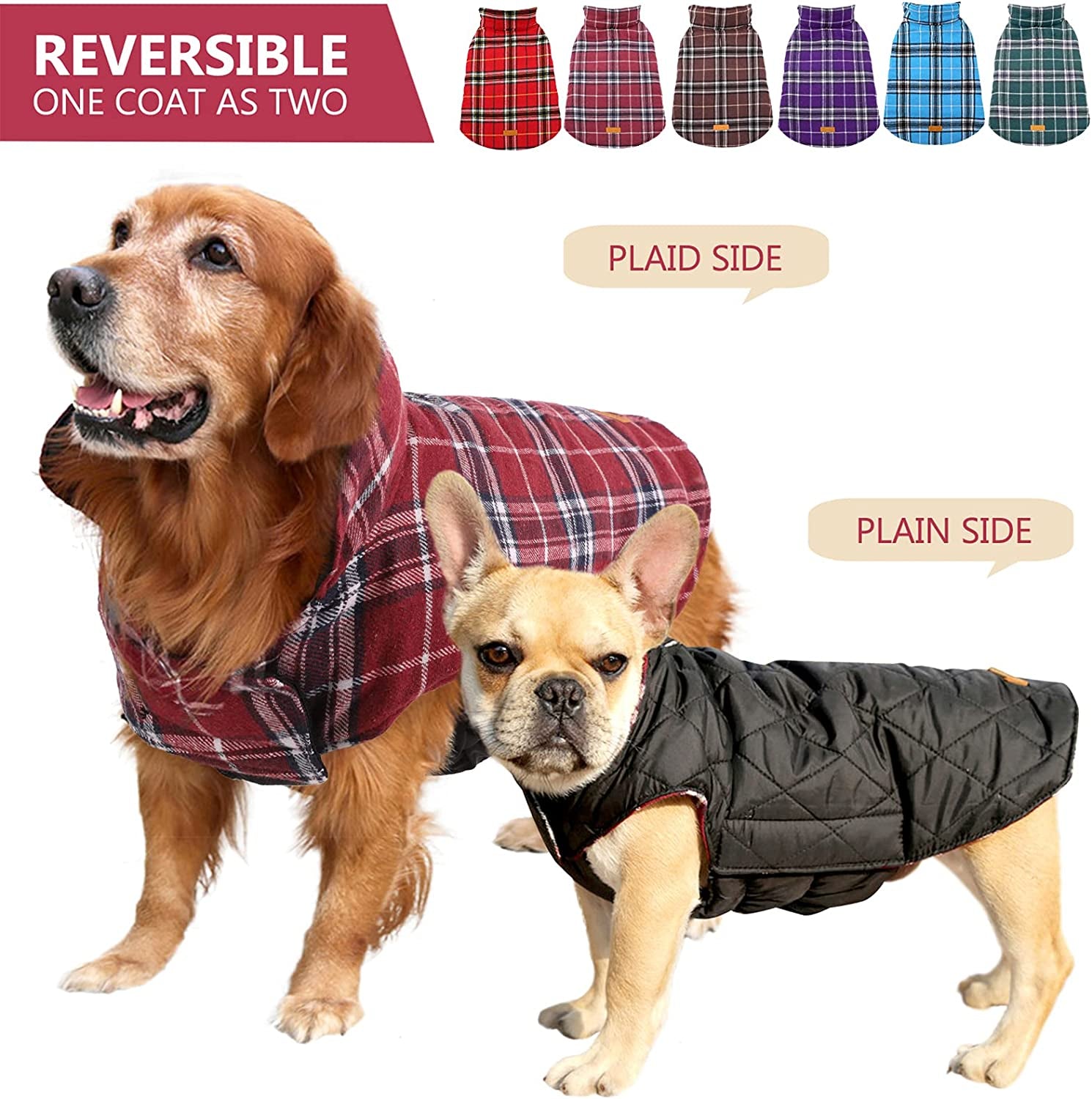 Kuoser Warm Dog Coat, Reversible Dog Jacket Waterproof Dog Winter Coat British Style Plaid Dog Clothes Pet Dog Cold Weather Coats Cozy Snow Jacket Vest for Small Medium Large Dogs Red M Animals & Pet Supplies > Pet Supplies > Dog Supplies > Dog Apparel Kuoser   