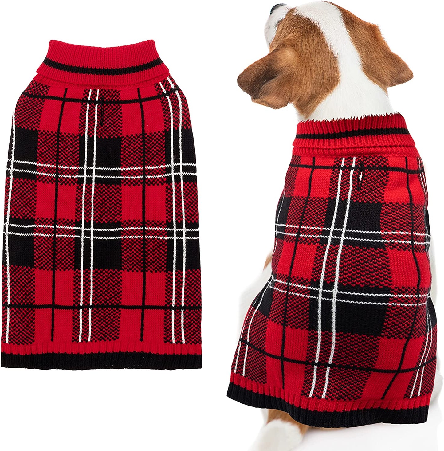 Dog Sweater for Small Medium Large Dog - Pink Plaid Christmas Winter Dog Sweater Vest for Cold Weather - Knitted Turtleneck Warm Pullover Dog Clothes with Leash Hole (S-XL) Animals & Pet Supplies > Pet Supplies > Dog Supplies > Dog Apparel MIMLOB Red S: neck 12"-14", chest 18"-21" 