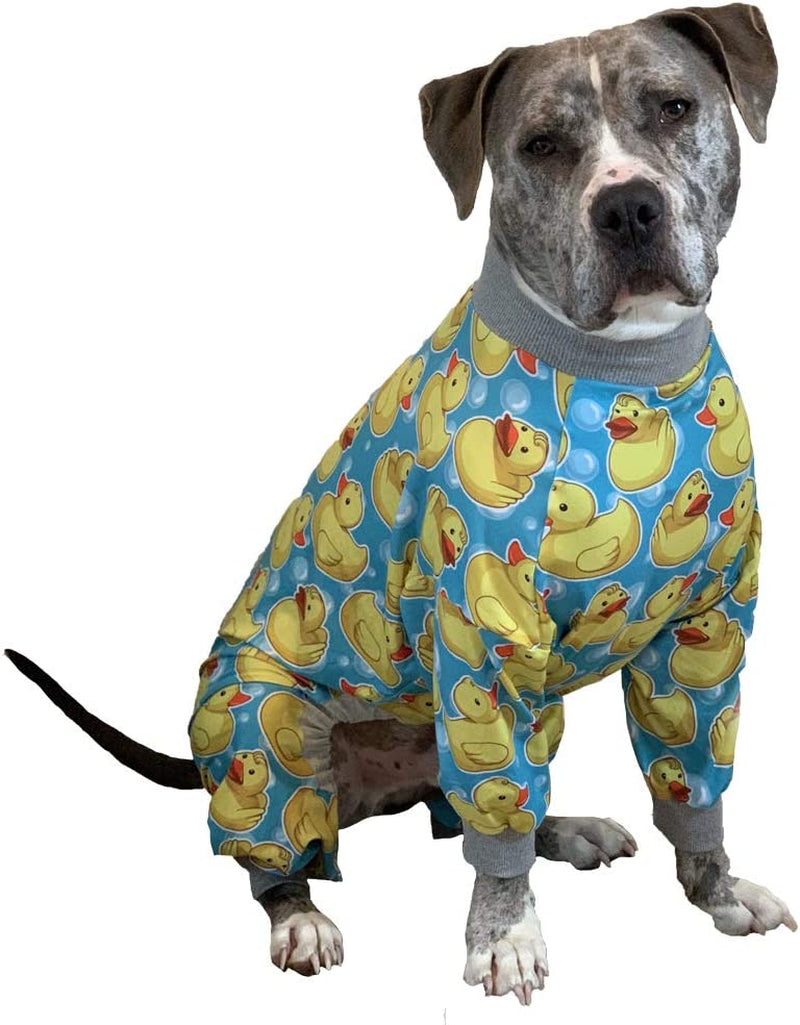 Tooth and Honey Pit Bull Pajamas/Rubber Duck Print/Lightweight Pullover Pajamas/Full Coverage Dog Pjs/Yellow with Grey Trim Animals & Pet Supplies > Pet Supplies > Dog Supplies > Dog Apparel Tooth & Honey X-Large  