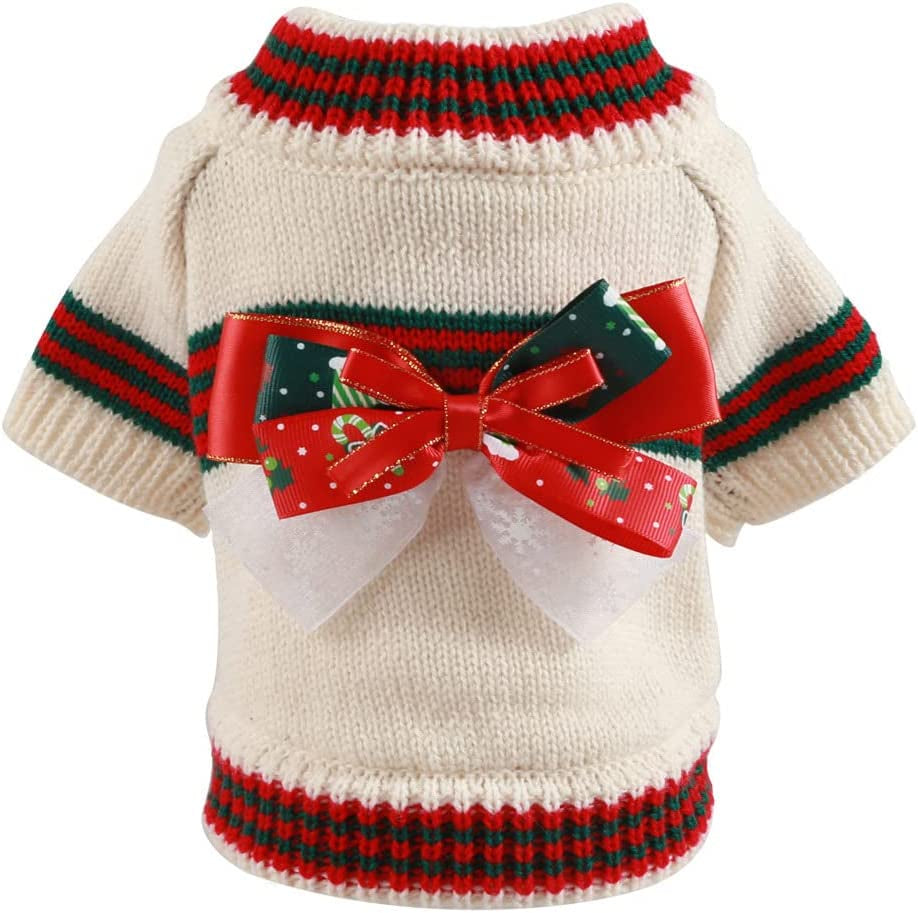 BAEJMJK Dog Christmas Sweater for Small Dogs Warm Puppy Bowknot Jumper Pet Cat Turtleneck Christmas Clothes for Fall Winter（Red,Small） Animals & Pet Supplies > Pet Supplies > Dog Supplies > Dog Apparel BAEJMJK Beige Large 