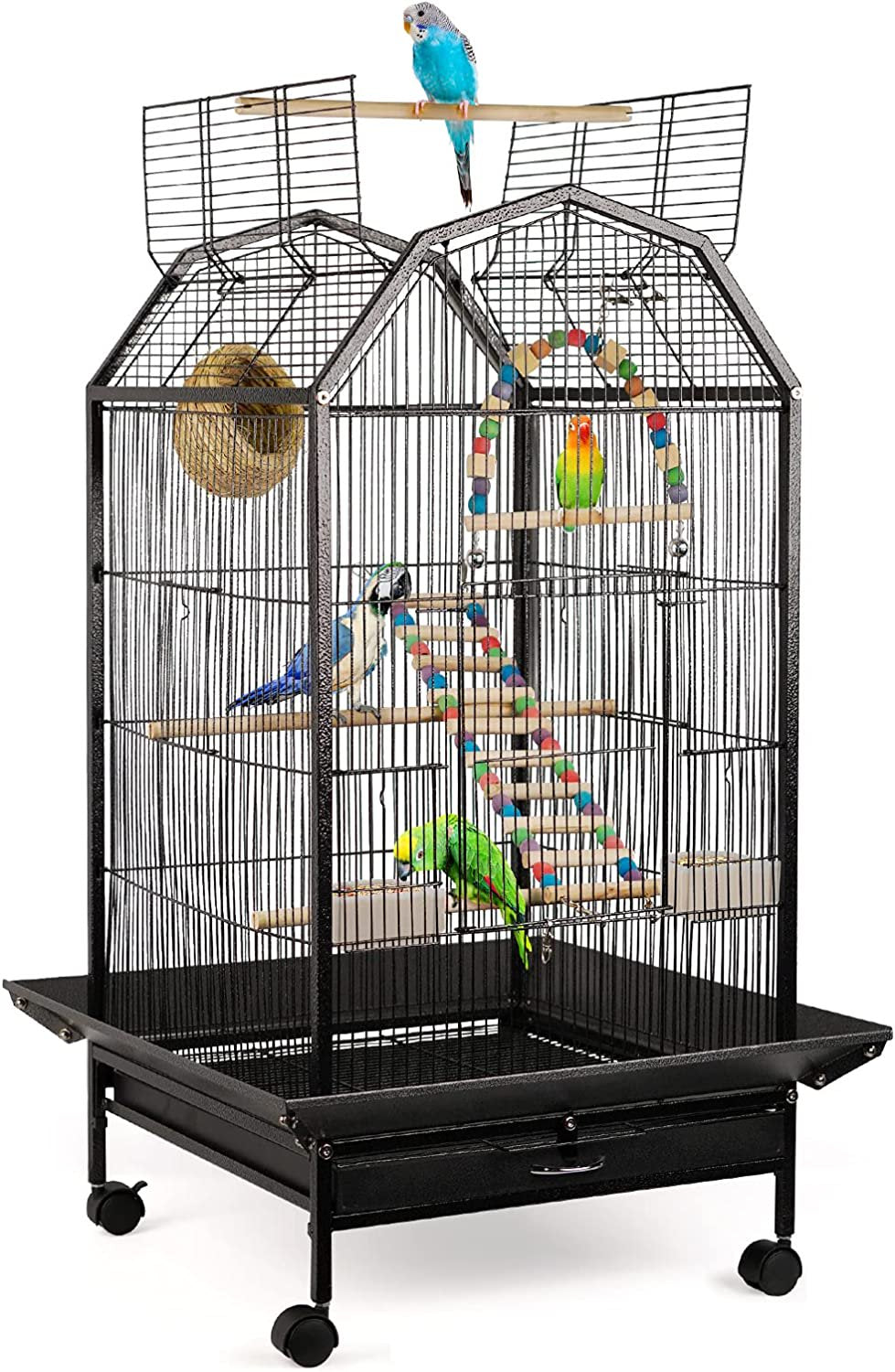 Bird Cage Open Top Standing Parrot Parakeet Cage with Rolling Stand Large Metal Bird Flight Cage for Conure Parekette Cockatiel Finch Macaw Cockatoo Pet House,Black,Height 34 Inch Animals & Pet Supplies > Pet Supplies > Bird Supplies > Bird Cages & Stands KOUPA   