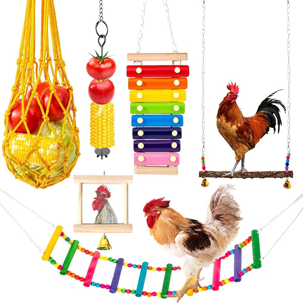 Welpettie 6Pcs Chicken Toys Set Chewing Foraging Toys Parrot Playing Training Toys with Wooden Swing Fruit Vegetable Hanging Feeder Xylophone Mirror Bell Ladder Toy for Chicken Parrots Birds Animals & Pet Supplies > Pet Supplies > Bird Supplies > Bird Toys Welpettie   