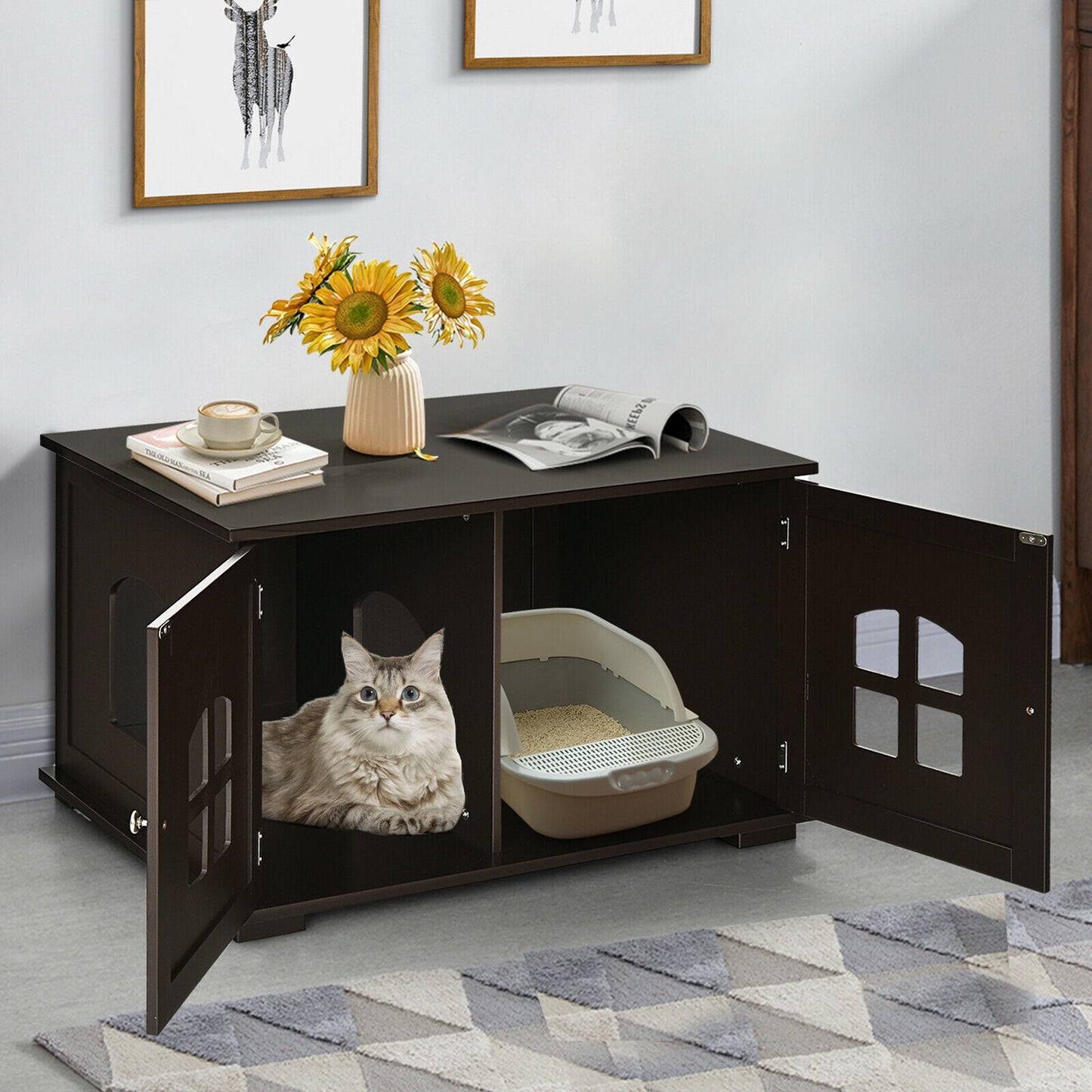 Gymax Large Wooden Cat Litter Box Enclosure Hidden Cat Washroom W/ Divider Coffee