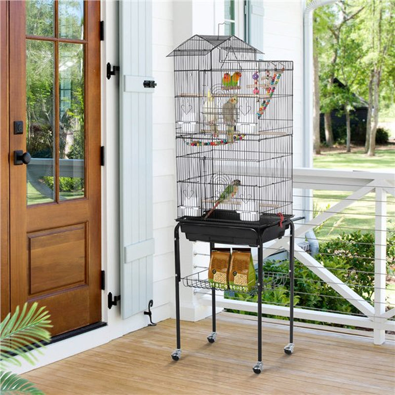 Topeakmart 62.4'' H Rolling Metal Bird Cage with Detachable Stand & Toys, Black Animals & Pet Supplies > Pet Supplies > Bird Supplies > Bird Cages & Stands Topeakmart   