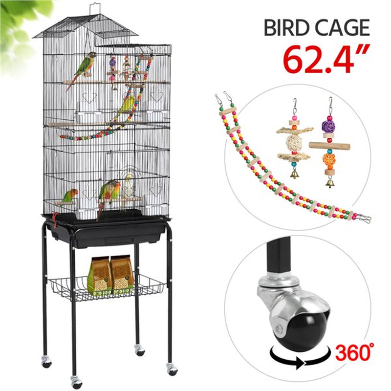 Topeakmart 62.4'' H Rolling Metal Bird Cage with Detachable Stand & Toys, Black Animals & Pet Supplies > Pet Supplies > Bird Supplies > Bird Cages & Stands Topeakmart   