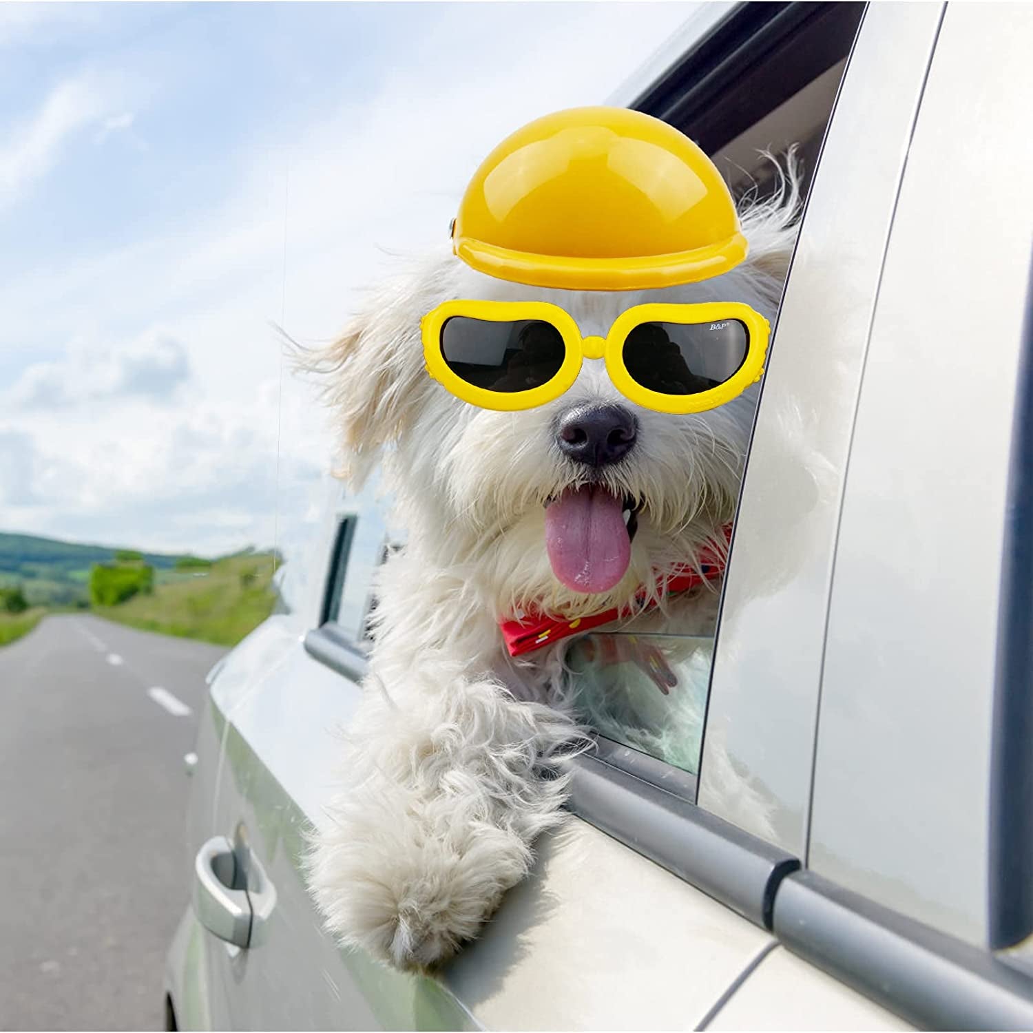 HACRAHO Dog Helmet and Goggles Set, 2 PCS Yellow 4 Inch Pet Dog Motorcycle Helmet and Sunglasses Dog Safety Cap with Adjustable Strap and Pet Goggles with Elastic Strap for Small Medium Dogs Animals & Pet Supplies > Pet Supplies > Dog Supplies > Dog Apparel HACRAHO   