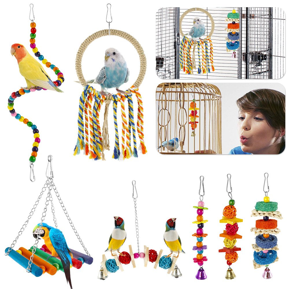 HOTBEST 7 Piece Birds Cage Swing Set, Colorful Pet Bird Cage Hammock Swing Toy Parrot Chewing Swing Hanging Perch with Bell for Parakeets, Macaws, Conures, Budgies, Lovebirds, Mynah, Finches Animals & Pet Supplies > Pet Supplies > Bird Supplies > Bird Toys HOTBEST   