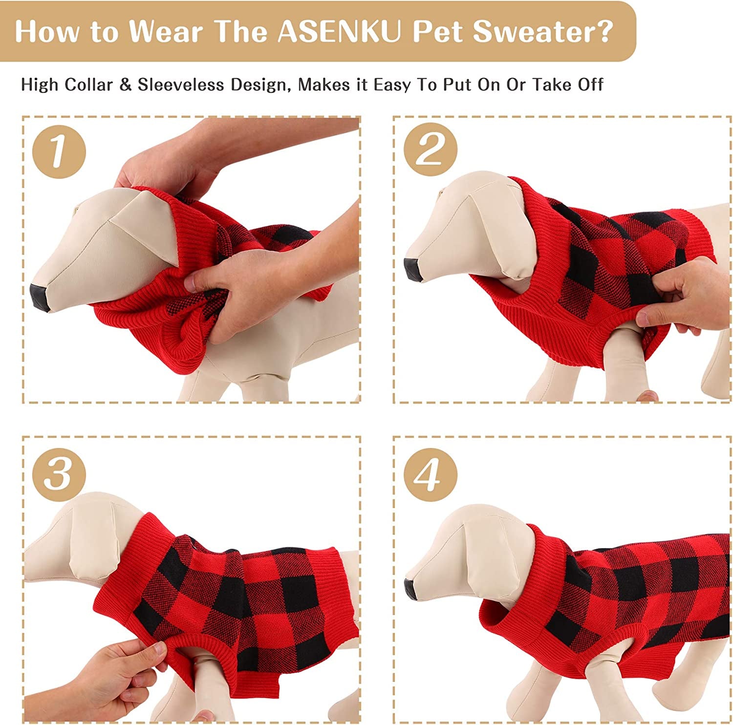 ASENKU Dog Sweater, Pet Plaid Sweater for Small Medium Large Dogs, Winter Warm Pet Christmas Sweater with Leash Hole, Red, XS Animals & Pet Supplies > Pet Supplies > Dog Supplies > Dog Apparel ASENKU   