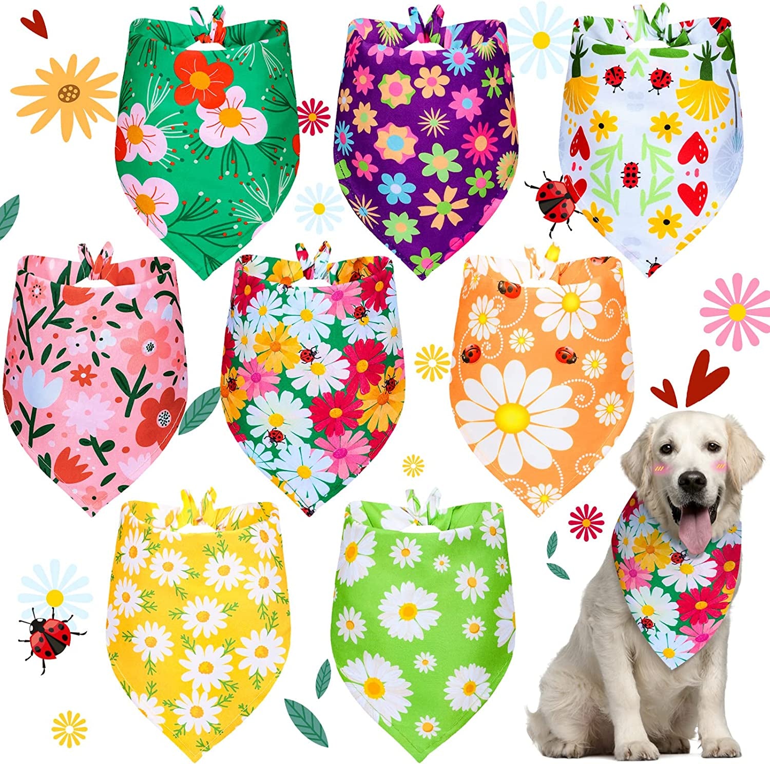 8 Pieces Summer Dog Bandanas Flower Print Reversible Triangle Bibs Floral Puppy Scarf Kerchief Accessories for Dogs Cats Pets (Cute Flower Patterns,Xl) Animals & Pet Supplies > Pet Supplies > Dog Supplies > Dog Apparel Weewooday Summer Flower L 