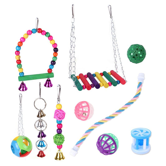 Dasbsug Bird Toys 10 Pieces Set Including Swing Ladder Rope Perch Bell Ball Chew Toys for Cage Colorful Decor Easy to Install Animals & Pet Supplies > Pet Supplies > Bird Supplies > Bird Ladders & Perches Dasbsug   