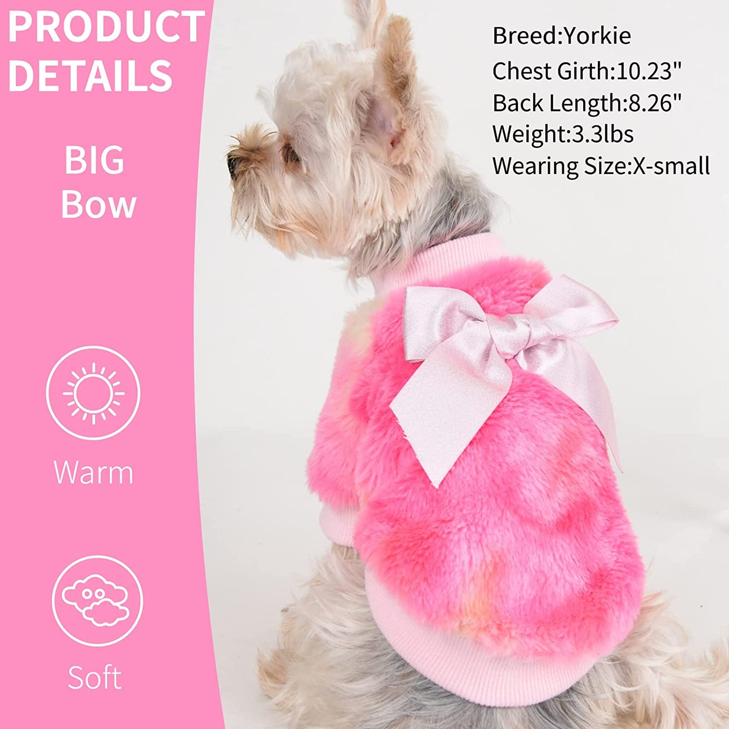 Pink Dog Sweater for Small Dogs Girl Tie Dye Female Dog Sweater Puppy Sweatshirts Doggie Sweaters Winter Dog Clothes Pet Cat Pup Warm Clothing Outfit for Yorkie Chihuahua Coat with Bow-Knot XS Animals & Pet Supplies > Pet Supplies > Dog Supplies > Dog Apparel Yikeyo   