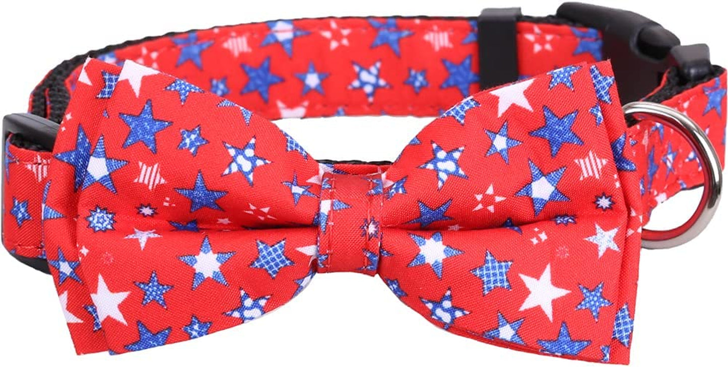 American Flag Dog Collar with Removable Cute Bow Tie Adjustable Pet Collars 4Th of July Independence Day Large