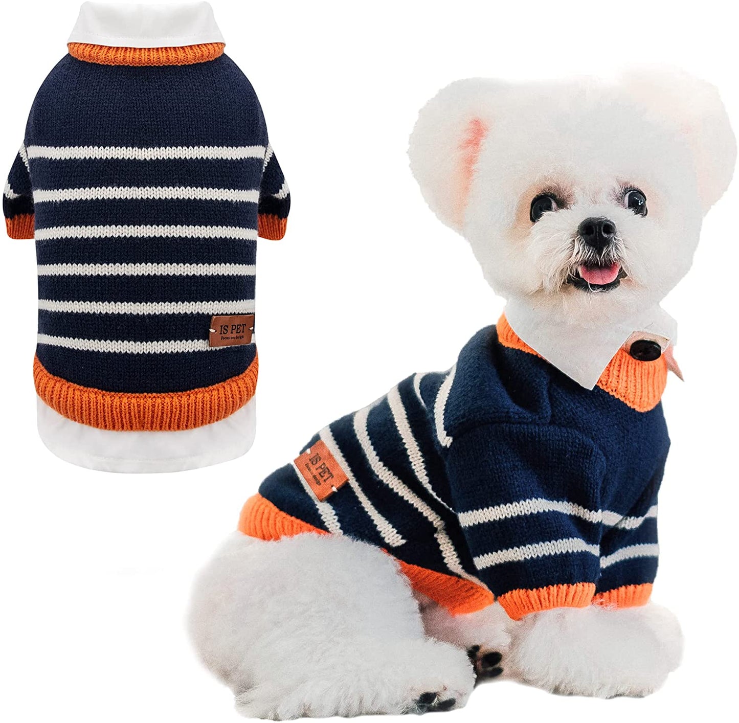 ISPET Small Dog Sweater, Patchwork Stripes Dog Sweatshirt Knitted Pet Winter Clothes Soft Thickening Cat Coat for Tiny Small Dogs, Navy Blue X-Large Animals & Pet Supplies > Pet Supplies > Dog Supplies > Dog Apparel IS PET DESIGNER PETWEAR Navy Blue Medium(5.51lb-7.16lb) 