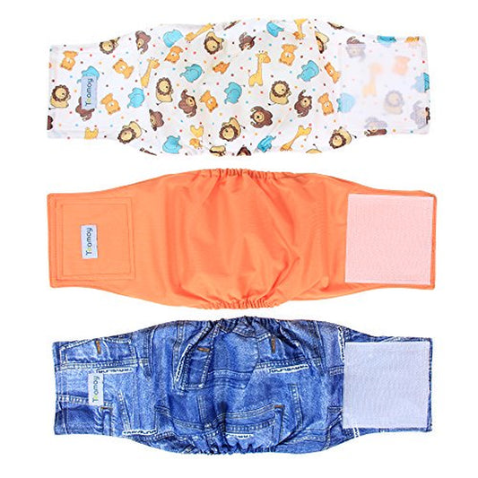 Teamoy Reusable Wrap Diapers for Male Dogs, Washable Puppy Belly Band Pack of 3 (M, 13"-16" Waist, Orange+ Denim+ Fat Smile)