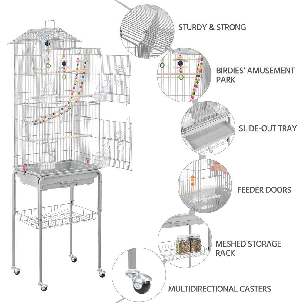 Topeakmart 62.5''H Rolling Metal Bird Cage Large Parrot Cage with with Detachable Stand & Toys, Light Gray Animals & Pet Supplies > Pet Supplies > Bird Supplies > Bird Cages & Stands Topeakmart   