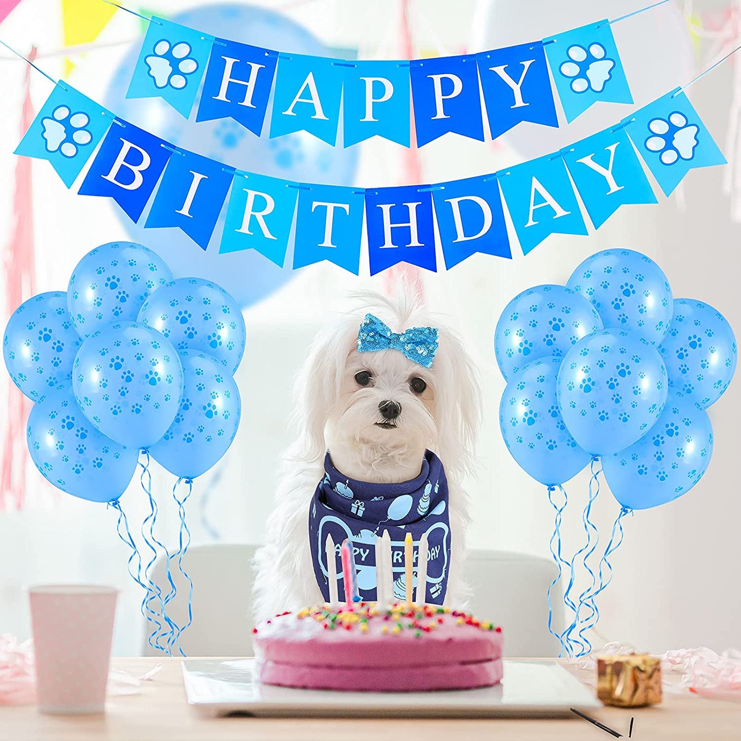 LIGNEST 16 PCS Dog Birthday Party Supplies Set - Dog Birthday Bandana Set with Dog Birthday Hat, Scarf, Flag, Balloons, and Cute Puppy Bow Tie for Small, Medium & Large Dogs (Blue (Boy)) Animals & Pet Supplies > Pet Supplies > Dog Supplies > Dog Apparel LIGNEST   