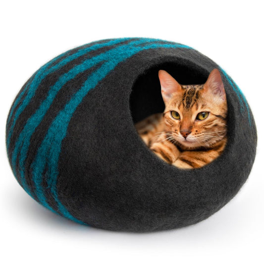 MEOWFIA Cat Bed for Large Cats - Wool Cat Cave Bed - Black Aqua