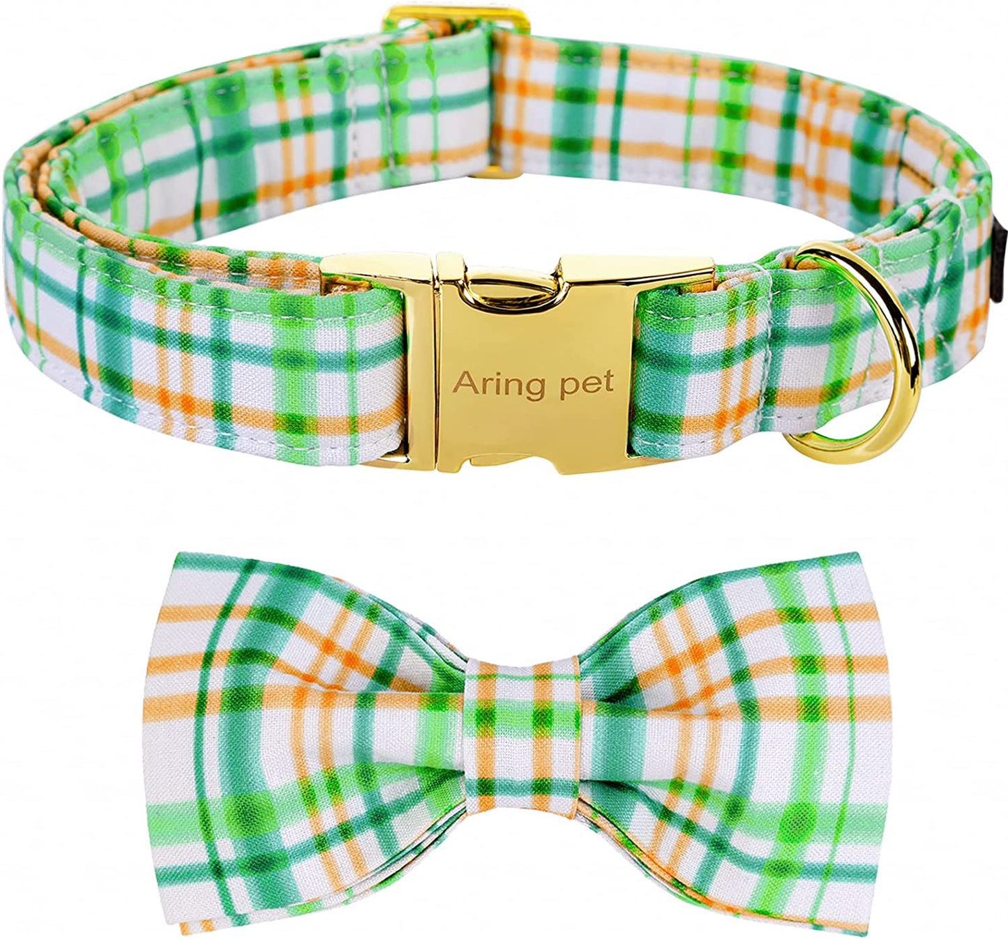 ARING PET Bowtie Dog Collar, Adorable Green Grid Dog Collars with Detachable Bow, Adjustable Collar Gifts for Small Medium Large and Girl Boy Dogs Animals & Pet Supplies > Pet Supplies > Dog Supplies > Dog Apparel ARING PET A:green orange grid S (Pack of 1) 