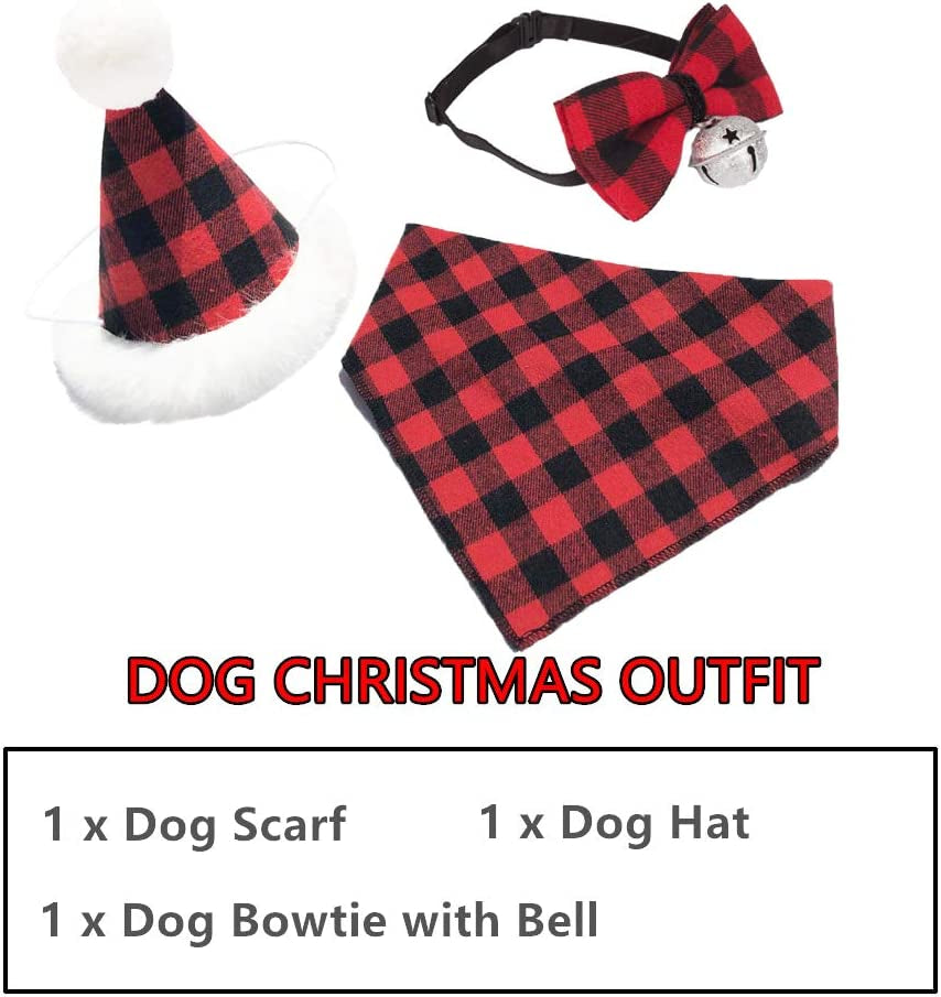 ADOGGYGO Christmas Dog Bandana Hat Bow Tie Set - Classic Plaid Pet Scarf Triangle Bibs Dog Christmas Costume Decoration Accessories for Small Medium Dogs Cats Pets (Large, Red) Animals & Pet Supplies > Pet Supplies > Dog Supplies > Dog Apparel ADOGGYGO   