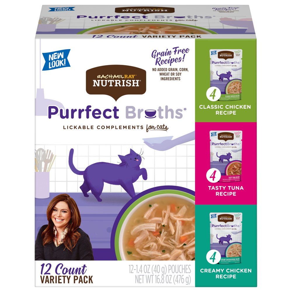 Rachael Ray Nutrish Purrfect Broths Grain Free Variety Pack, All Natural Complement for Cats, 1.4 Oz Pouches, 12-Count Animals & Pet Supplies > Pet Supplies > Cat Supplies > Cat Treats The J.M. Smucker Company   