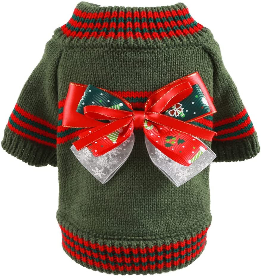 BAEJMJK Dog Christmas Sweater for Small Dogs Warm Puppy Bowknot Jumper Pet Cat Turtleneck Christmas Clothes for Fall Winter（Red,Small） Animals & Pet Supplies > Pet Supplies > Dog Supplies > Dog Apparel BAEJMJK Green Large 