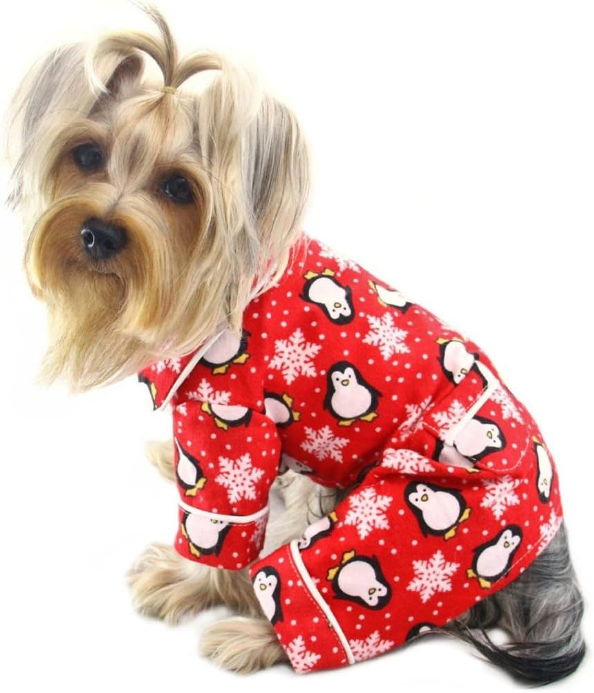 Klippo Penguins & Snowflake Flannel Dog Pajamas/Bodysuit/Loungewear - Red - Large Animals & Pet Supplies > Pet Supplies > Dog Supplies > Dog Apparel Klippo Pet Animal Print X-SMALL 
