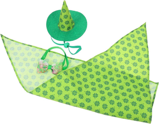 St. Patricks Day Pet Costume Set Shamrock Pattern Dog Bib Irish Festival Dog Hat Adjustable Clover Bow Tie for St. Patricks Day Favors (Color : Green) Animals & Pet Supplies > Pet Supplies > Dog Supplies > Dog Apparel OLIMY Green  