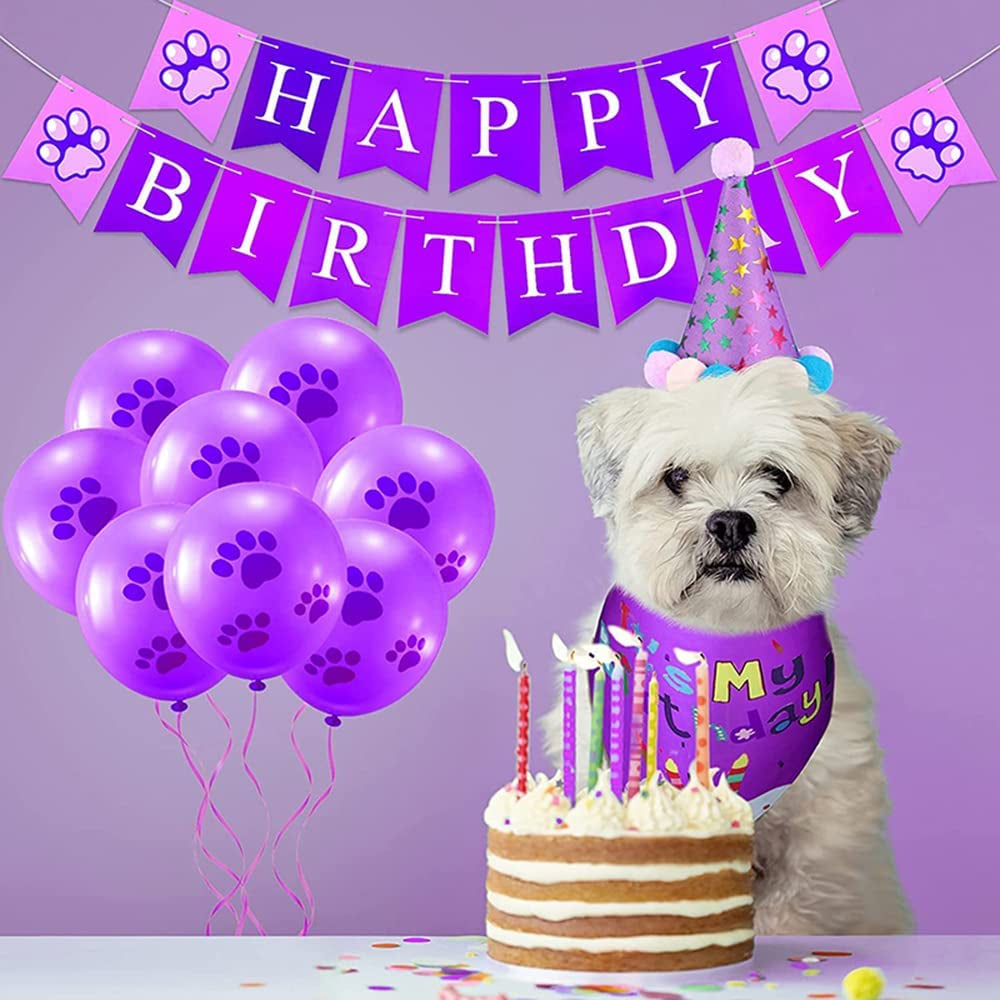 ACSUZ Purple Dog Birthday Decorations Happy Birthday Banner Bandana Scarf Bowtie Hat and Paws Prints Ballons Sets Animals & Pet Supplies > Pet Supplies > Dog Supplies > Dog Apparel ACSUZ   