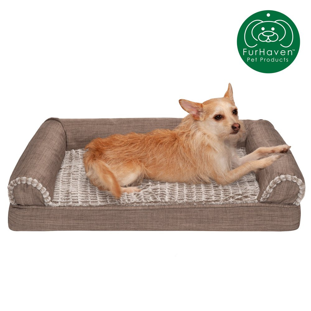 Furhaven Pet Products | Memory Foam Luxe Fur & Performance Linen Sofa-Style Couch Pet Bed for Dogs & Cats, Woodsmoke, Large Animals & Pet Supplies > Pet Supplies > Cat Supplies > Cat Beds FurHaven Pet Orthopedic Foam M Woodsmoke