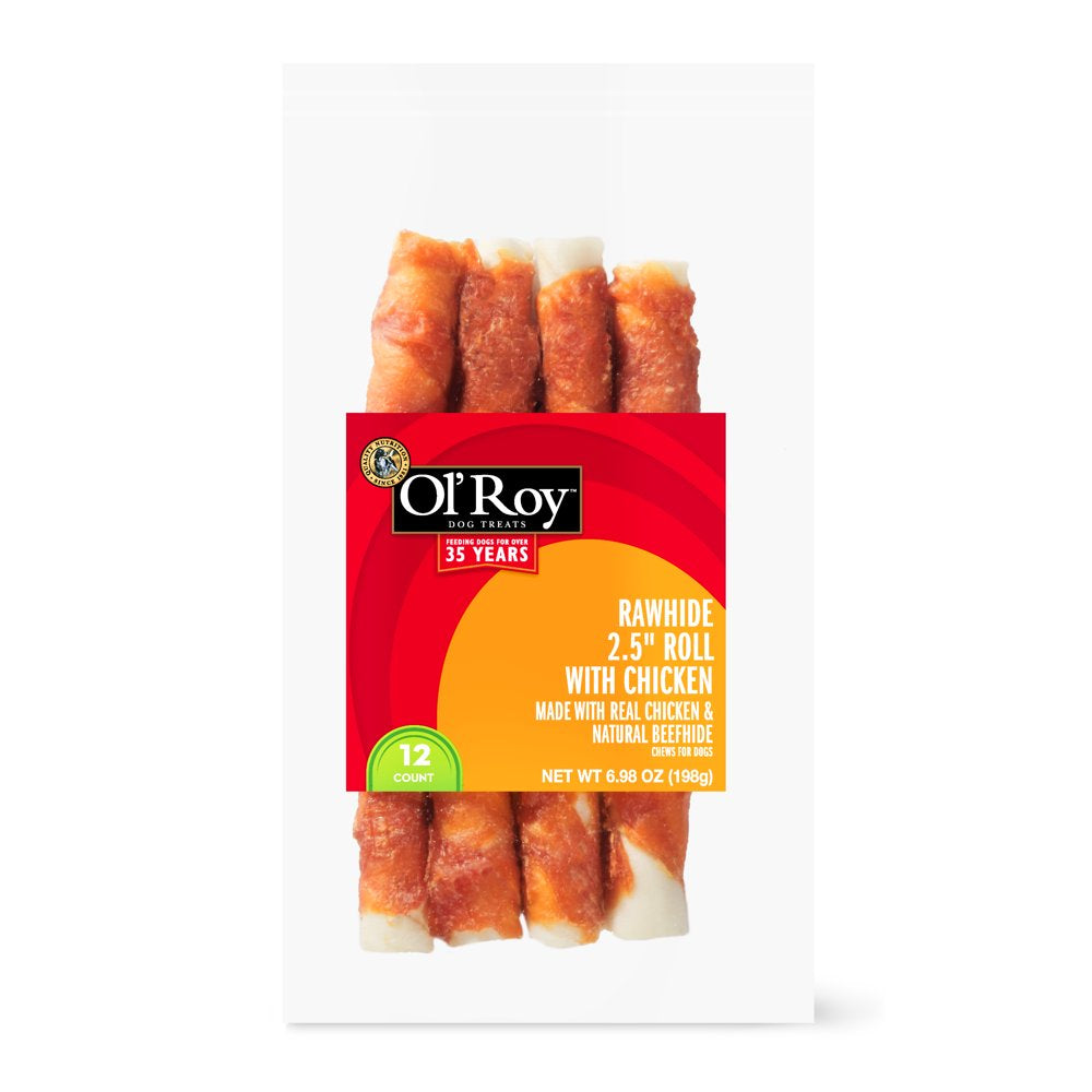 Ol' Roy Rawhide 2.5" Rolls with Chicken, Natural Beefhide & Real Chicken, 6.98 Oz, 12 Count Animals & Pet Supplies > Pet Supplies > Dog Supplies > Dog Treats Wal-Mart Stores, Inc. 12  
