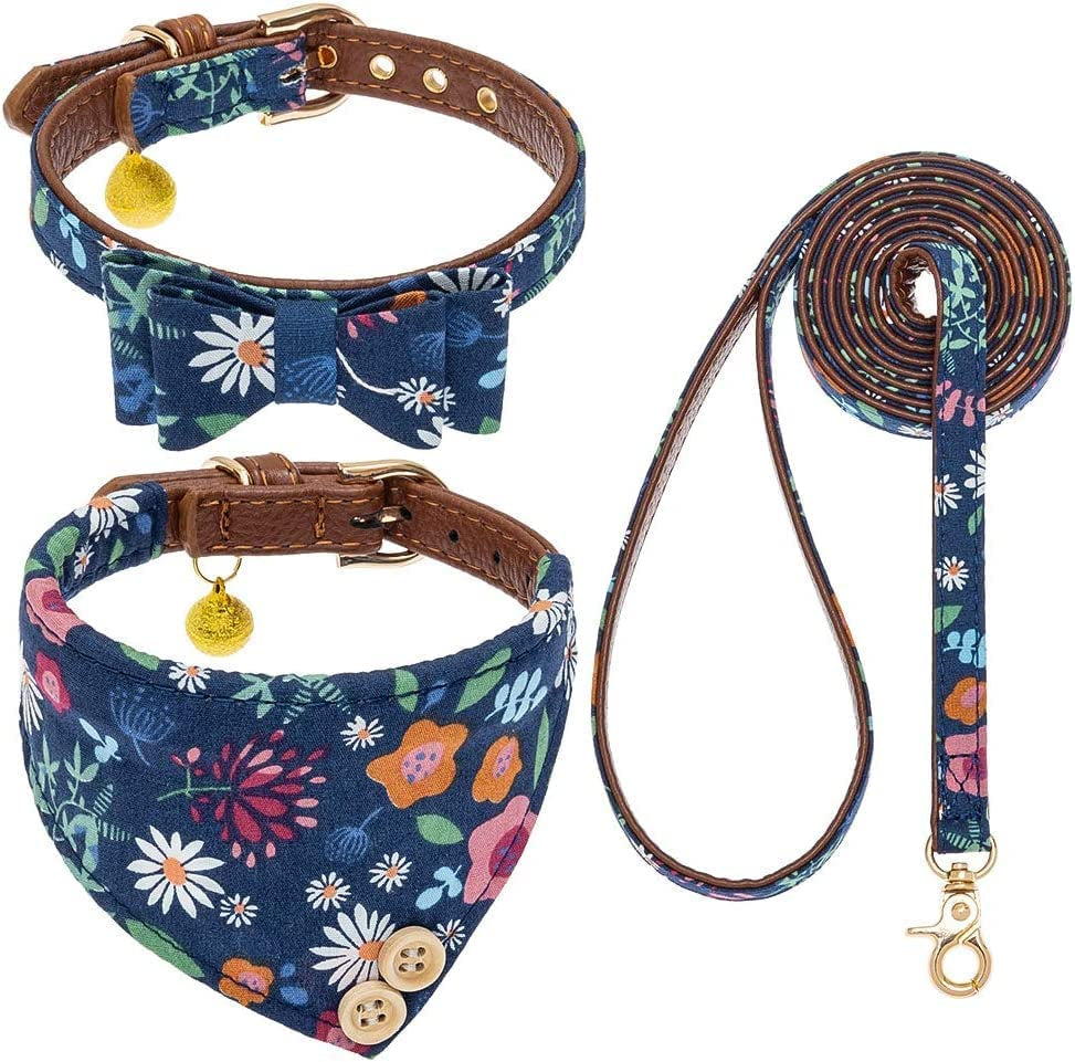 EXPAWLORER Dog Collar and Leash Set - Classic Plaid Dog Bow Tie and Dog Bandana Collar with Bell, Dog Leash Tangle Free, Adjustable Collars for Small Medium Large Dogs Cats, Holiday Ideal Gift Animals & Pet Supplies > Pet Supplies > Dog Supplies > Dog Apparel EXPAWLORER Flower Small 