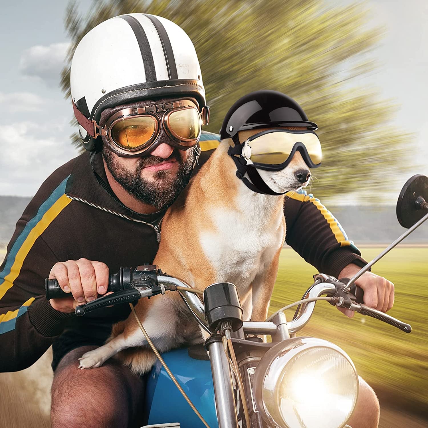 2 Pcs Dog Sunglasses and Pet Helmet Set with Dog Goggles, Dust Wind UV Protection Dog Glasses Dog Helmet and Goggles Adjustable Dog Motorcycle Helmet Bike Hat for Medium or Large Pet Dog(Cool Style) Animals & Pet Supplies > Pet Supplies > Dog Supplies > Dog Apparel Potchen   