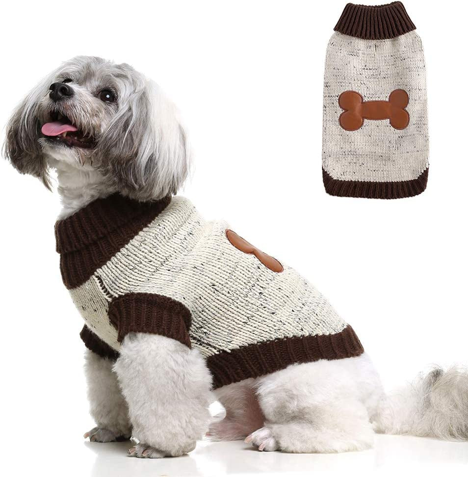 BINGPET Turtle Neck Dog Sweater - Brown Bone Pattern - Puppy Winter Warm Cloth for Small Medium Large Dogs Animals & Pet Supplies > Pet Supplies > Dog Supplies > Dog Apparel BBPET Bone Small/Medium 