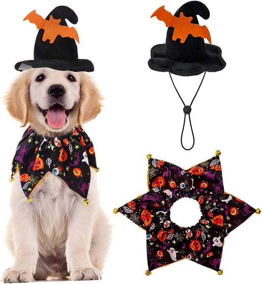 Dog Halloween Costume - Halloween Style Dog Collar with Bells and Wizard'S Hat Set Halloween Pumpkin Pattern for Dog Wearing - Black Animals & Pet Supplies > Pet Supplies > Dog Supplies > Dog Apparel EXPAWLORER Black  
