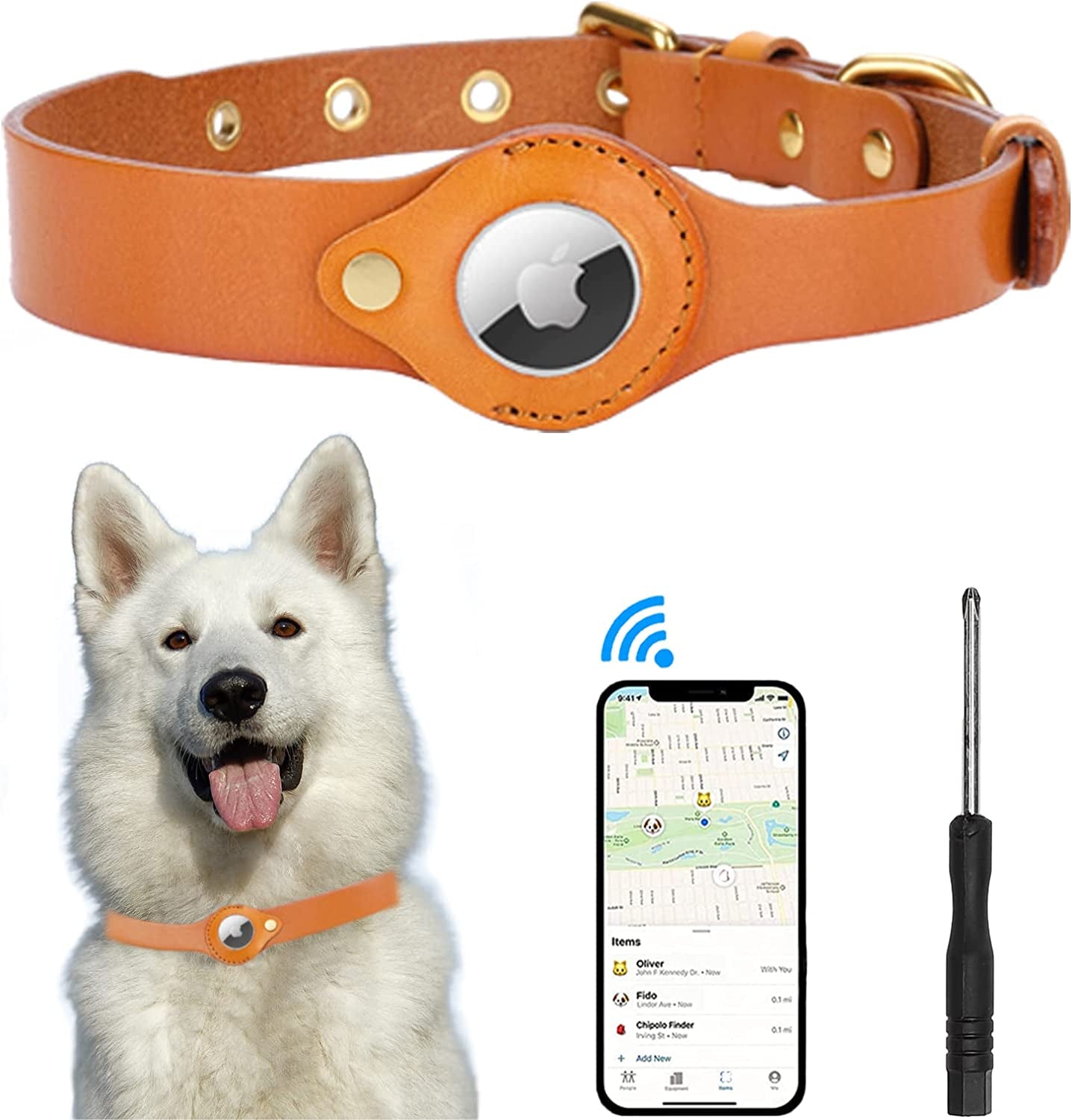 JIPIMON Airtag Dog Collar Prevents Loss Comfortable and Safe Adjustable Genuine Leather Airtag Dog Collar Holder for Small Medium Large Dogs Electronics > GPS Accessories > GPS Cases JIPIMON Brown Medium 