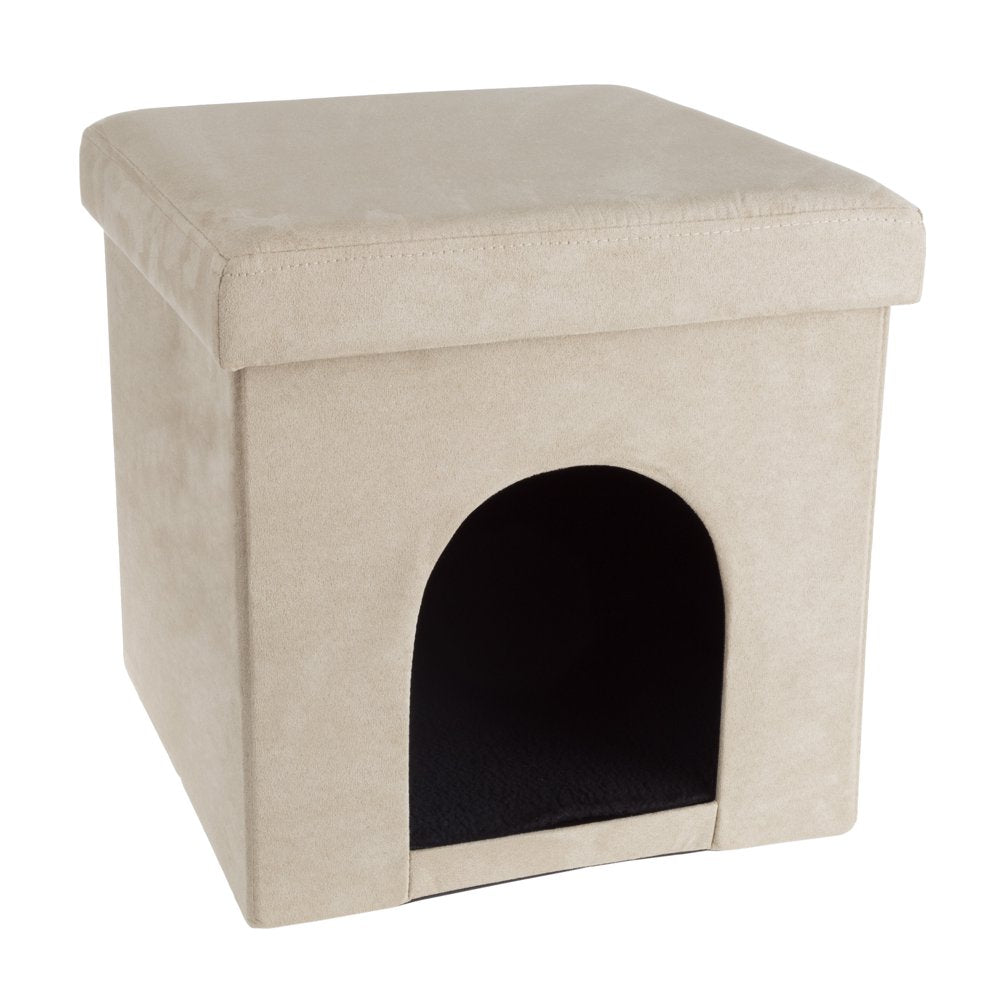 Pet House Ottoman - Collapsible Multipurpose Small Dog or Cat Bed Cube and Footrest with Cushion Top and Interior Pillow by PETMAKER (Microsuede Tan) Animals & Pet Supplies > Pet Supplies > Cat Supplies > Cat Beds Trademark Global, LLC.   