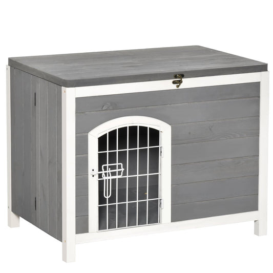 Pawhut Foldable Raised Wooden Dog House with Lockable Door, Openable Roof, Gray Animals & Pet Supplies > Pet Supplies > Dog Supplies > Dog Houses Aosom LLC   