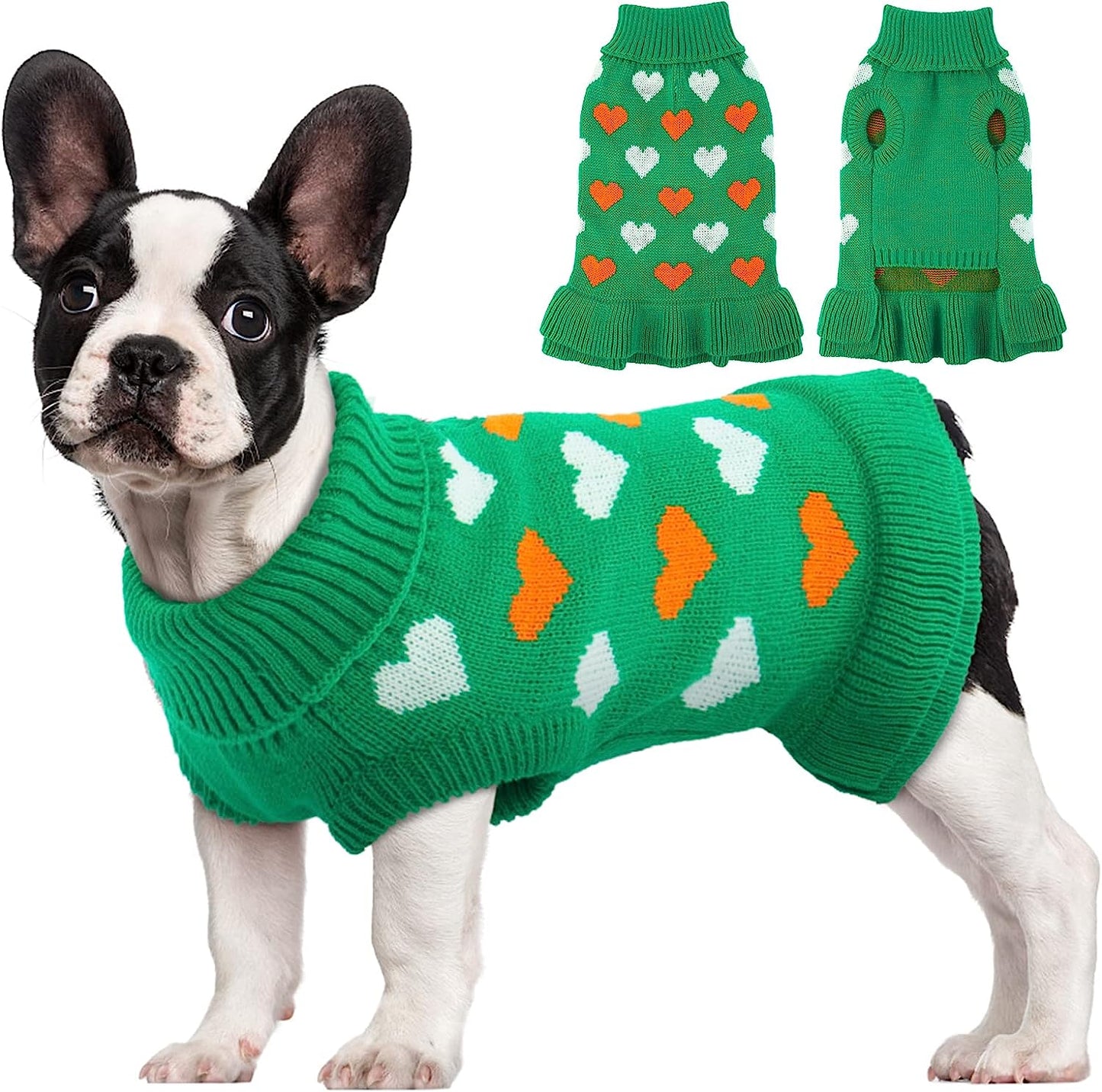 Kuoser Dog Sweater, Knitwear Turtleneck Winter Warm Puppy Clothing, Heart Pullover Pet Coat Cute Dog Sweater Dress for Small & Medium Dogs Cats with Leash Hole Xs-Xl(Green,Xl) Animals & Pet Supplies > Pet Supplies > Dog Supplies > Dog Apparel Kuoser Green Large (pack of 1) 