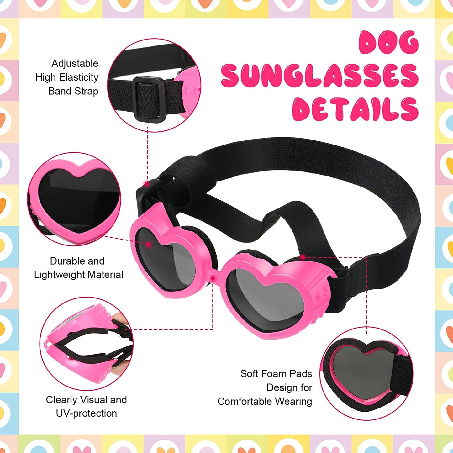 Nezyo Dog Goggles Heart Shape Dog Sunglasses Puppy UV Protection Goggles Small Breed Doggie Windproof Glasses with Adjustable Strap Medium Pets 3 Pairs (Black, Blue, Pink) Animals & Pet Supplies > Pet Supplies > Dog Supplies > Dog Apparel Nezyo   