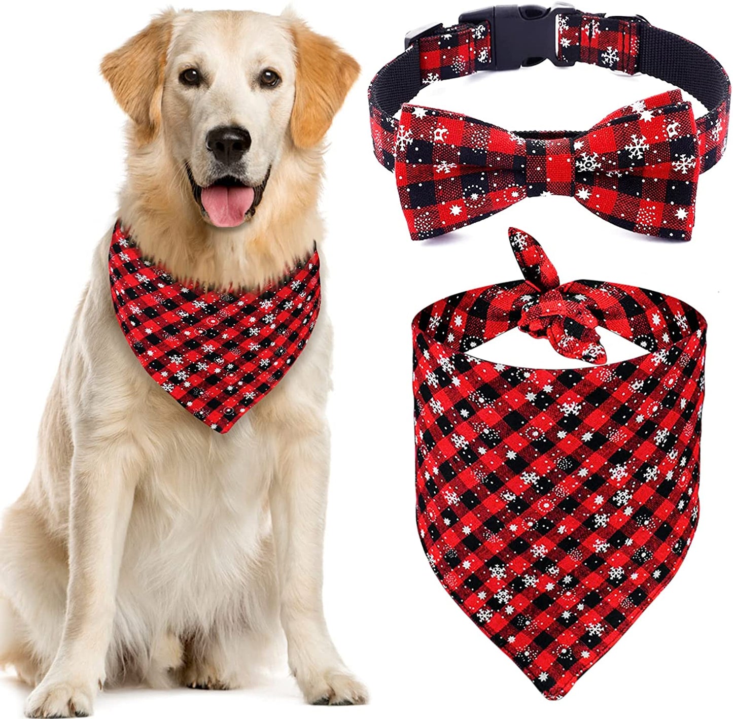 Malier Dog Bandana and Collar Set Pet Christmas Classic Plaid Snowflake Dog Scarf Triangle Bibs Kerchief Adjustable Collars with Bow Tie Pet Costume for Cats Dogs Pets (Large) Animals & Pet Supplies > Pet Supplies > Dog Supplies > Dog Apparel Malier Red & Black Plaid with Snowflake Large 