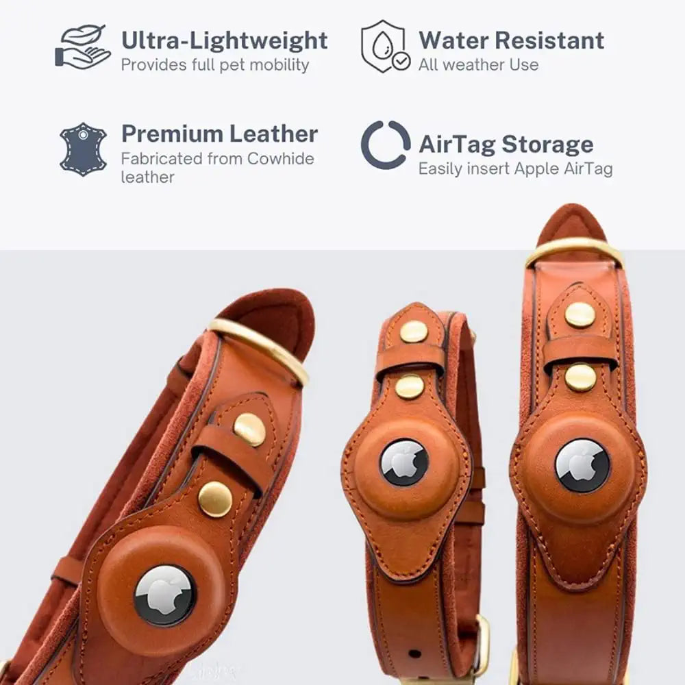 Krazytag Airtag Dog Collar with Built-In Tag Space – Luxurious Collar Premium Leather with Apple Airtag Holder for Dogs and Cats – Play-Proof Design (Medium), Brown