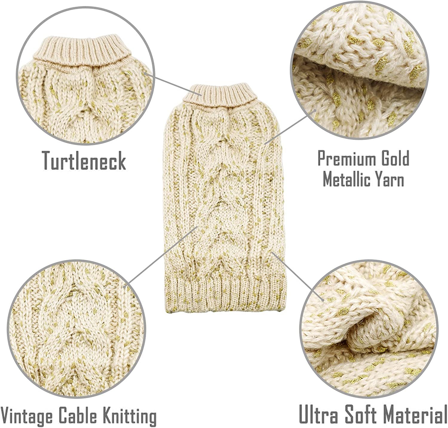 KYEESE Dog Sweaters Turtleneck Beige Small Dog Sweater Knitwear Pullover Warm Pet Sweater with Golden Yarn Decors Animals & Pet Supplies > Pet Supplies > Dog Supplies > Dog Apparel kyeese   