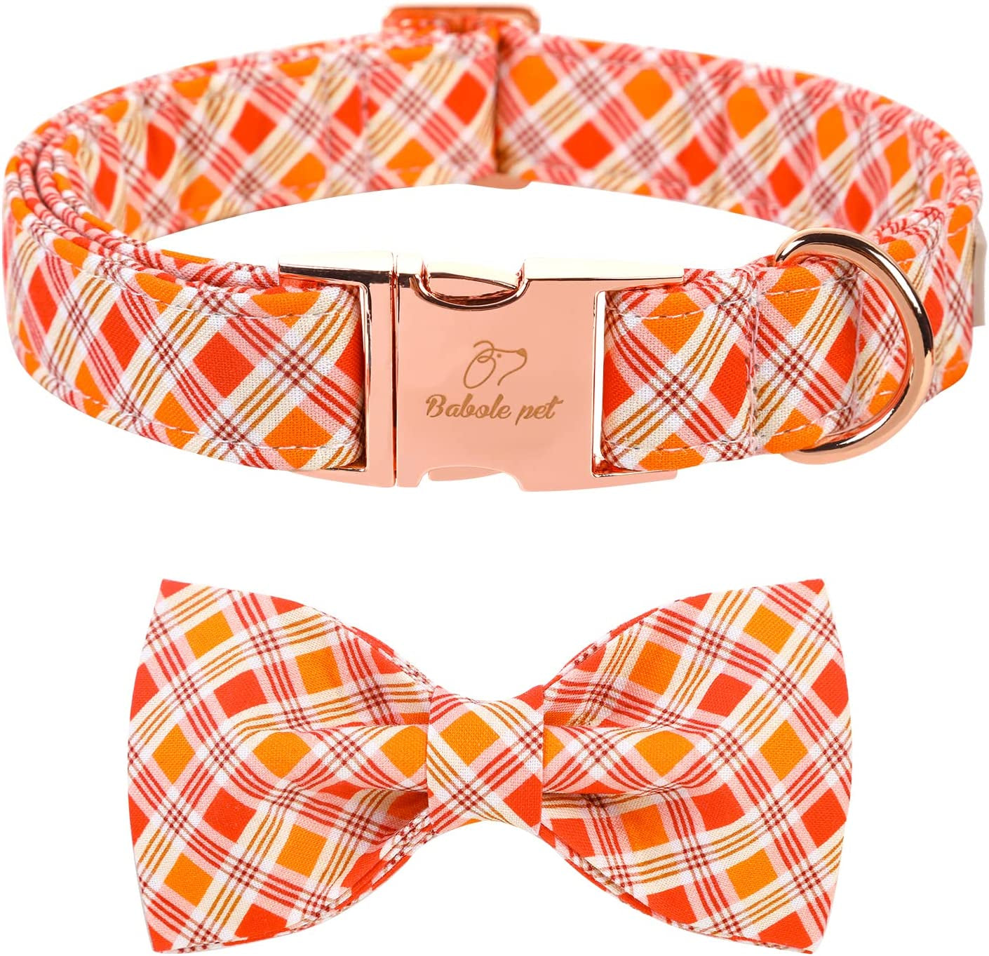 Babole Pet Fall Girl Dog Collar Flower Tie, Orange Striped Plaid Floral Dog Collar with Safety Metal Buckle Adjustable Big Collars for Small Medium Large Dog,Medium, Neck 13.5"-22" Animals & Pet Supplies > Pet Supplies > Dog Supplies > Dog Apparel Babole Pet orange-Lb XL 