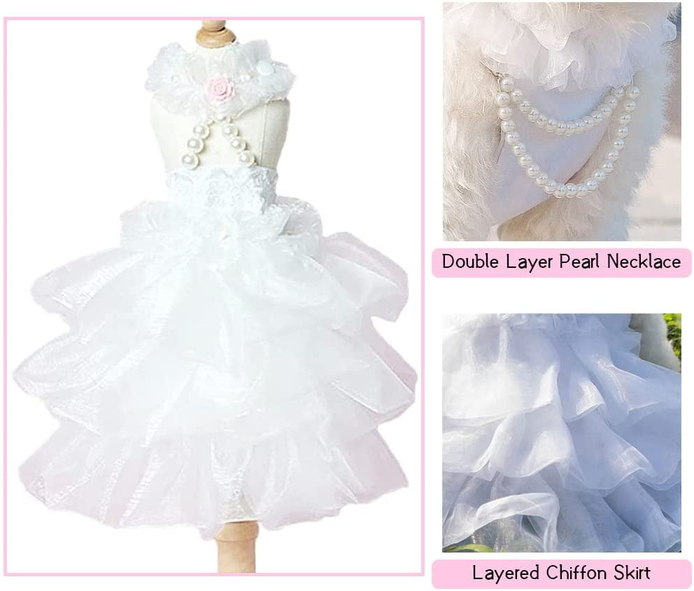Dog Wedding Dress Bride Outfit with Pearl Necklace and Rose Pet Princess Formal Apparel for Puppy Cat Animals & Pet Supplies > Pet Supplies > Cat Supplies > Cat Apparel Acndey   