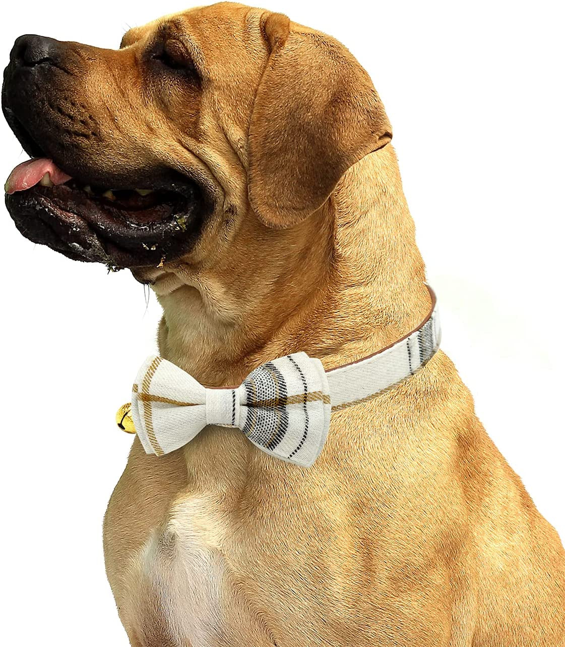 KUDES Plaid Dog Collar with Bow, 2 Pack/Set Adjustable Cute Dog Bow Tie Collars with Bell, Best Pet Gift for Small Medium Large Boy Male Dogs, Beige & Brown (S(9.6''-13.8''), Beige & Brown) Animals & Pet Supplies > Pet Supplies > Dog Supplies > Dog Apparel Leegoo   