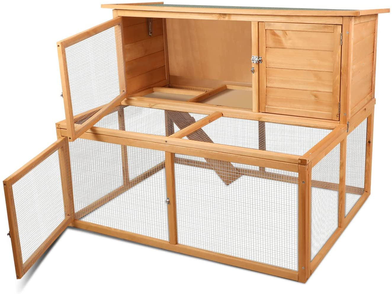 Magshion 43.6" L 2 Story Wooden Rabbit Hutch Water Resistant Openable Roof, Pull Out Tray,4 Door Safety Locking, Run Ramp, Bunny Cage, Rabbit House, Guinea, Chicken, Small Animals Habitat