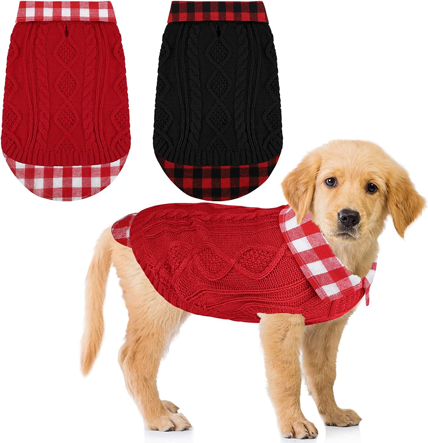 Pedgot Pack of 2 Turtleneck Knitted Dog Sweater Soft and Warm Pet Winter Clothes Classic Cable Knit Plaid Patchwork Pet Sweater for Large Dogs (Red, Black, L) Animals & Pet Supplies > Pet Supplies > Dog Supplies > Dog Apparel Pedgot Red, Black Medium 