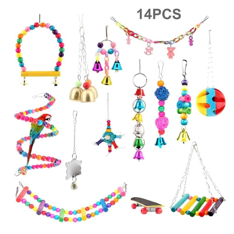 Bird Toys 14Pcs Parrot Chew Toy Swing Ladder Perch Mirror for Small Medium Birds Improving Physical & Mental Health