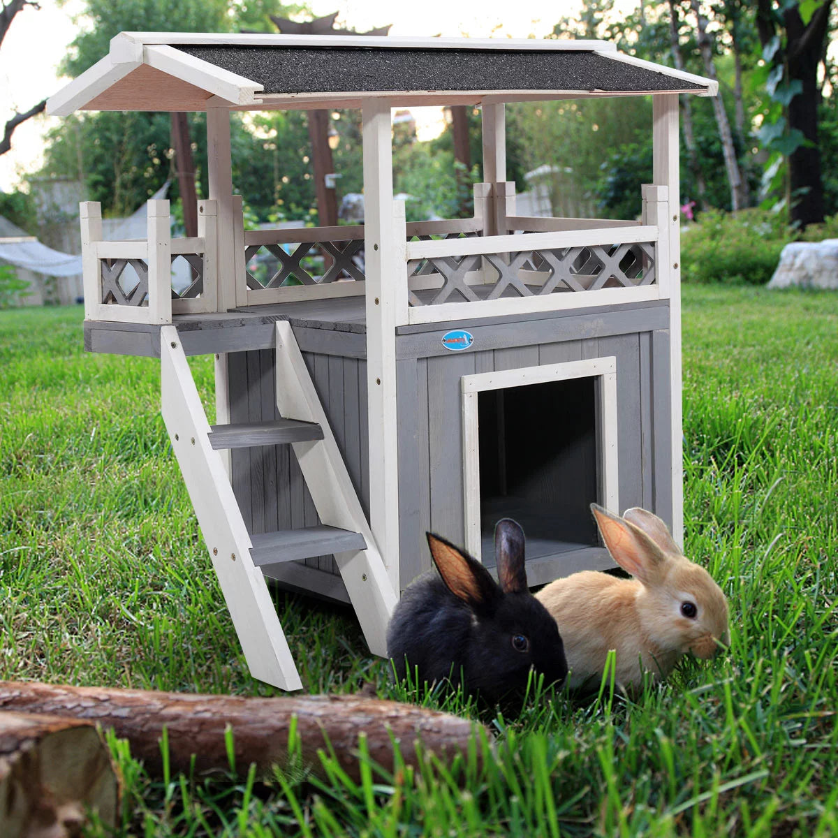 Lowestbest Dog House, Natural Wooden Dog House Home with Steps Balcony Puppy Stairs, Outdoor Weather-Resistant Cat Condo Pet House