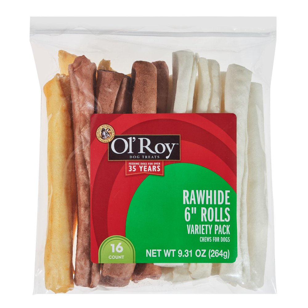 Ol' Roy Rawhide 6" Rolls Chews for Dogs, 9.31 Oz, 16 Count Animals & Pet Supplies > Pet Supplies > Dog Supplies > Dog Treats Walmart Inc. Assorted  